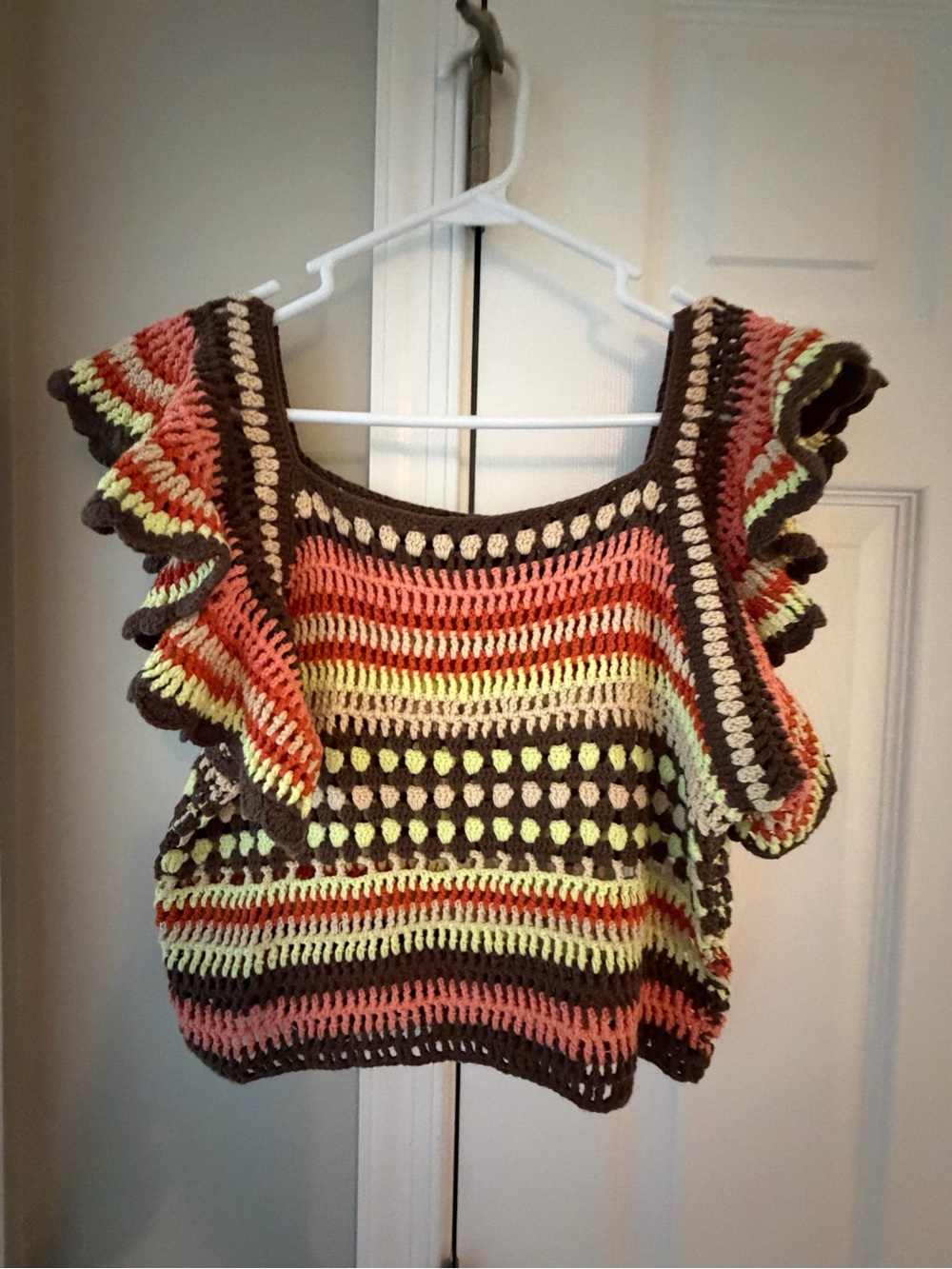 Rails Crochet Off-the-Shoulder Sweater Top in Brown, Coral, Lime & Cream